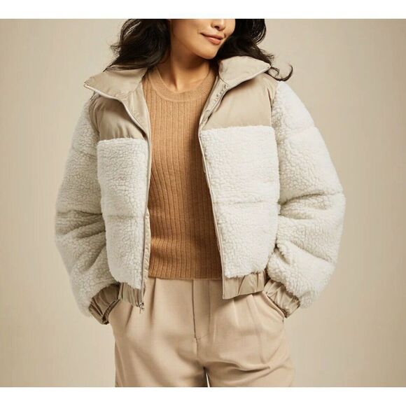 ABERCROMBIE & FITCH Womens Ultra Mini Puffer Jacket NEW Sz L Sherpa Cream - Picture 3 of 16
